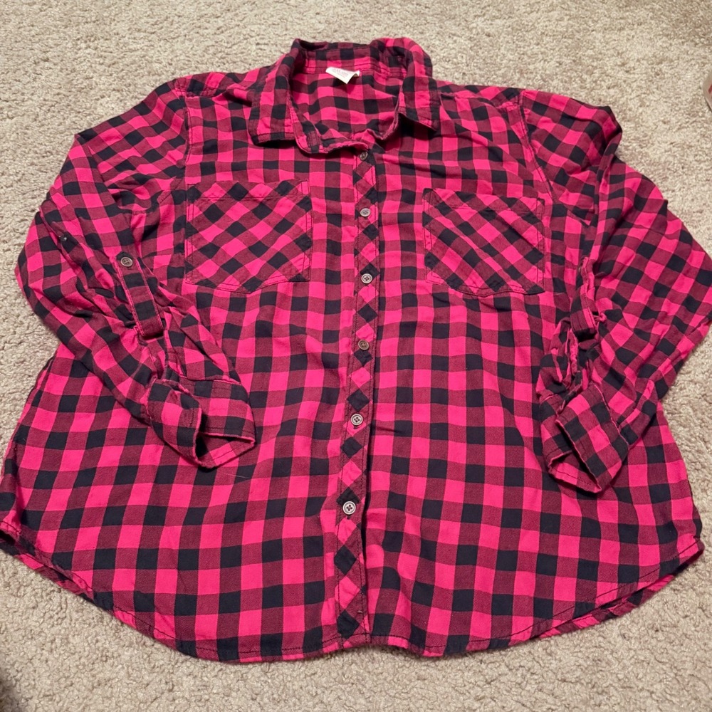Faded Glory Womens XXL Red Black Buffalo Plaid Cotton Button Down Flannel Shirt